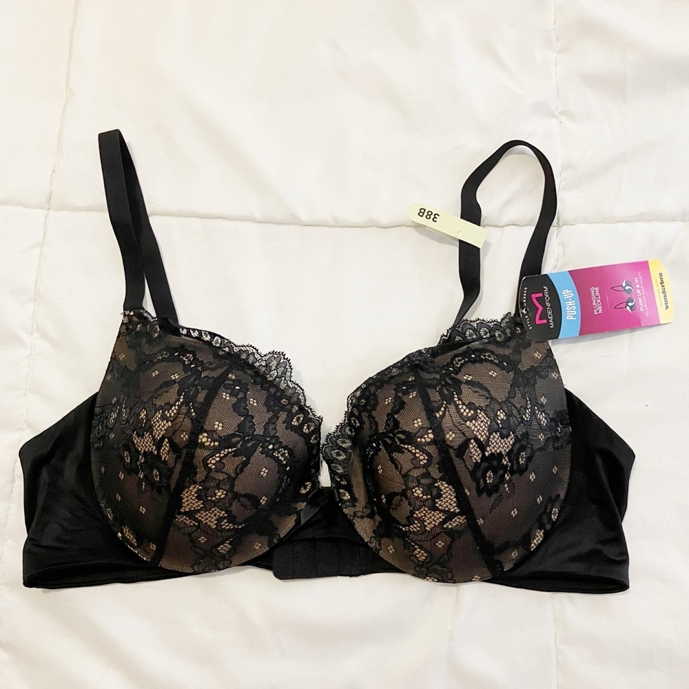 New Maidenform Push-up Wonderbra Plunge Black Lace Plunging 38B Bra NWT